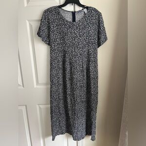 Vintage Erika & Co Navy Blue & White Floral Cottage Tie Back Midi Dress Large